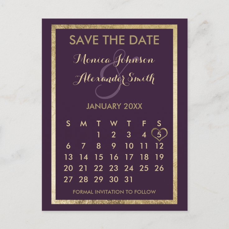 Elegant Dark Purple Gold Calendar Save the Date Announcement Postcard