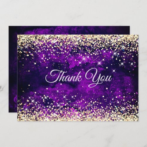 Elegant dark purple gold faux glitter monogram thank you card
