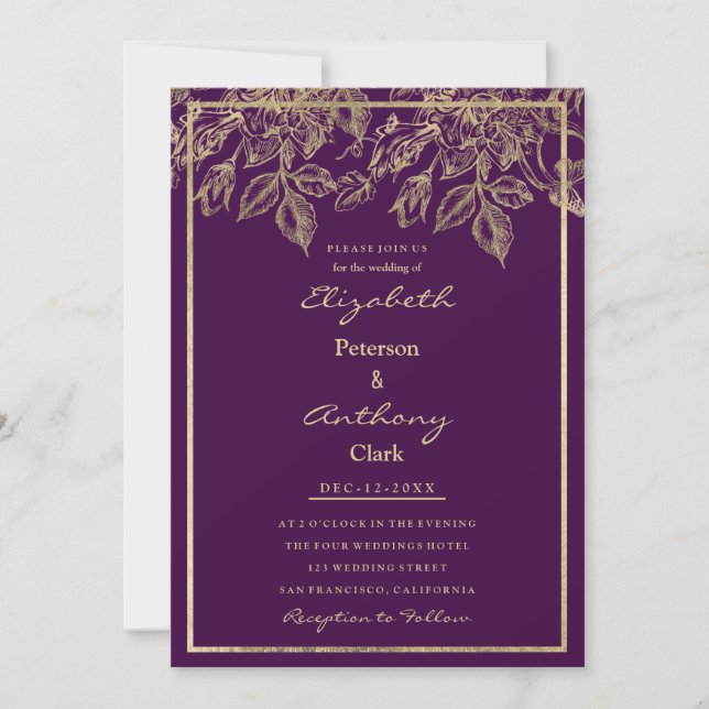 Elegant dark purple gold luxury floral Wedding Invitation (Front)