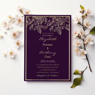 Elegant dark purple gold luxury floral Wedding Invitation