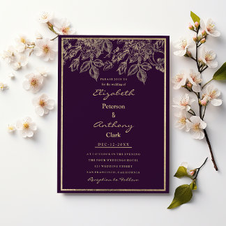 Elegant dark purple gold luxury floral Wedding Invitation