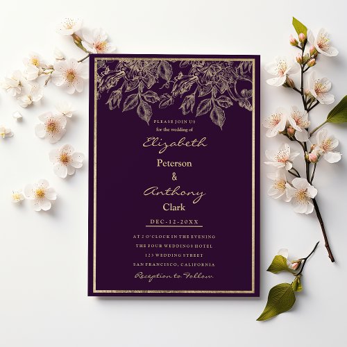 Elegant dark purple gold luxury floral Wedding Invitation
