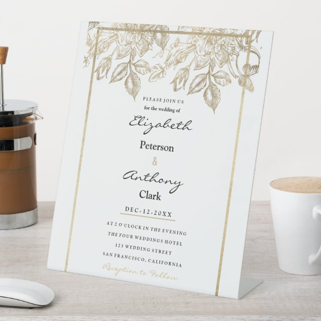 Elegant dark purple gold luxury floral Wedding Pedestal Sign (In SItu)