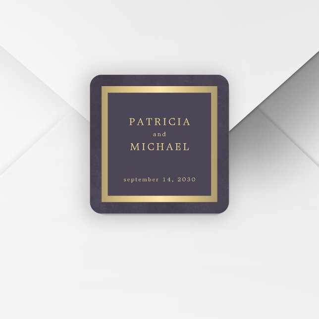 Elegant dark purple gold personalized wedding  square sticker (Creator Uploaded)