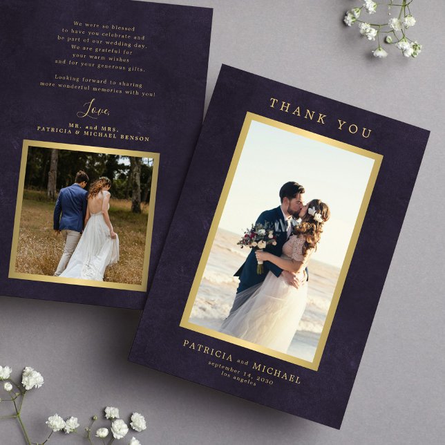 Elegant dark purple gold photo wedding  thank you card (Creator Uploaded)