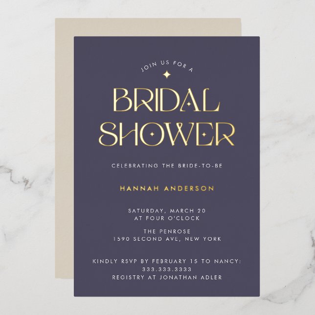 Elegant Dark Purple Gold Star Bridal Shower Foil Invitation (Front/Back)