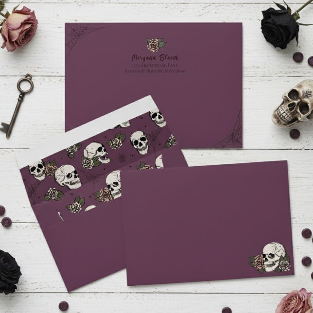 Elegant Dark Purple Gothic Floral Skulls Envelope (Gothic Floral Skull Envelopes. Elegant Dark Purple Hallowedding Vintage Skulls & Roses for Bride)