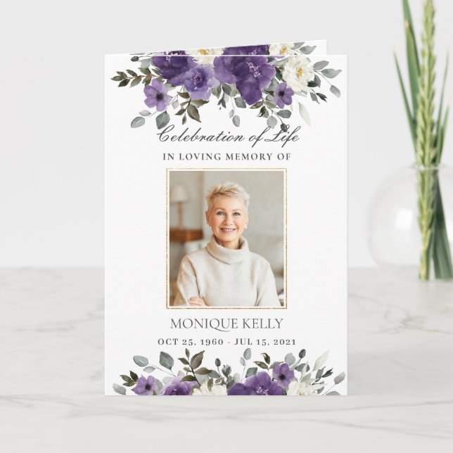 Elegant Dark Purple Ivory Floral Photo Funeral   Program (Front)