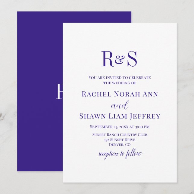 Elegant Dark Purple Modern Monogram Wedding Invitation (Front/Back)