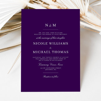 Elegant Dark Purple Monogram Classic Wedding Invitation