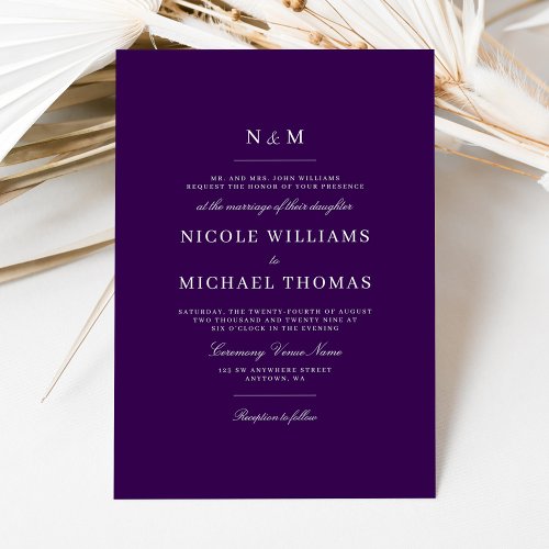 Elegant Dark Purple Monogram Classic Wedding