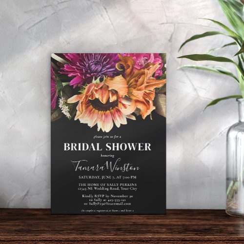 Elegant Dark Purple Pink Orange Sunflower Bridal Invitation