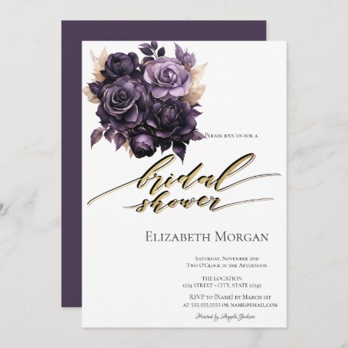 Elegant Dark Purple Roses Bridal Shower  Invitation