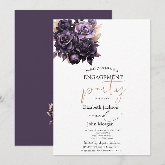 Elegant Dark Purple Roses Engagement  Invitation (Front/Back)