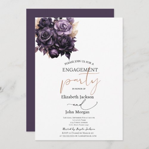 Elegant Dark Purple Roses Engagement  Invitation