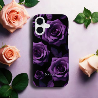 Elegant Dark Purple Roses Monogram Phone Case