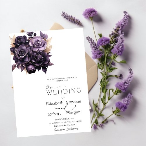 Elegant Dark Purple Roses Wedding Invitation