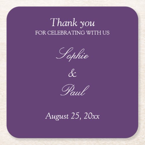 Elegant Dark Purple Wedding Thank You Square Paper Coaster