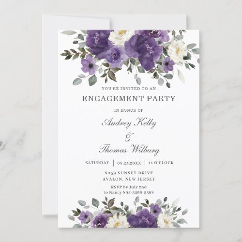 Elegant Dark Purple White Floral Engagement Party Invitation