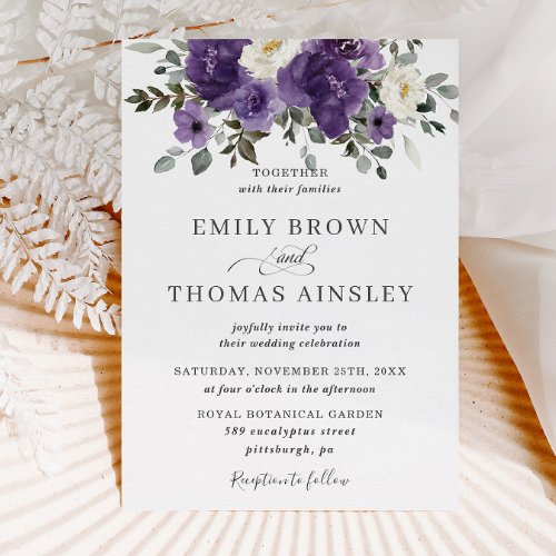 Elegant Dark Purple White Floral Greenery Wedding Invitation