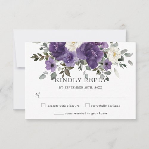 Elegant Dark Purple White Floral Wedding RSVP Card