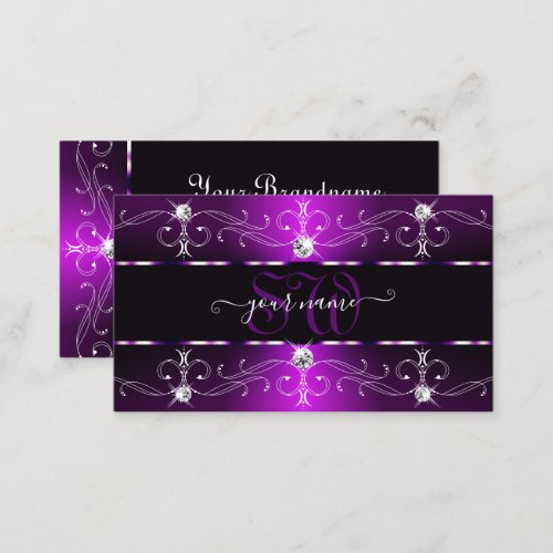 Elegant Dark Purple White Ornate Borders Monogram Business Card