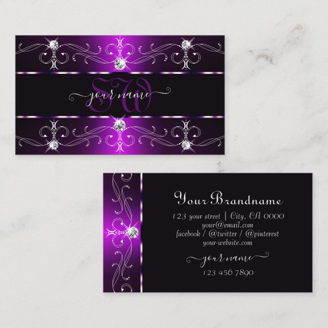 Elegant Dark Purple White Ornate Borders Monogram Business Card (Front/Back)