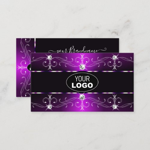Elegant Dark Purple White Ornate Borders with Logo Business Card