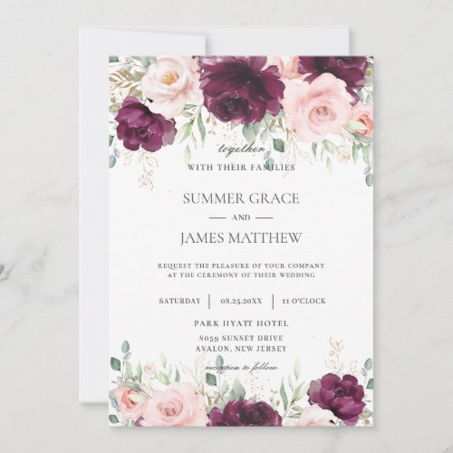 Elegant Dark Raspberry Blush Pink Floral Wedding Invitation