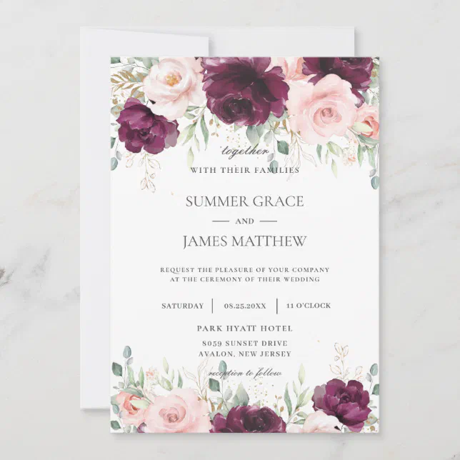 Elegant Dark Raspberry Blush Pink Floral Wedding Invitation | Zazzle