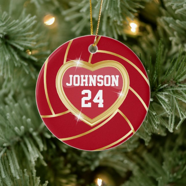 Elegant Dark Red and Gold Volleyball Ceramic Ornament (Tree)