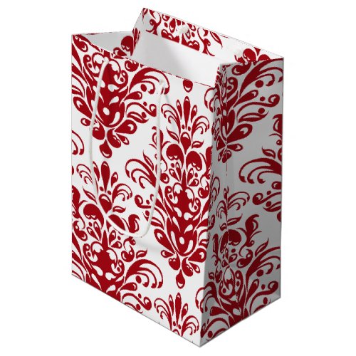 Elegant dark red  and white damask pattern medium gift bag