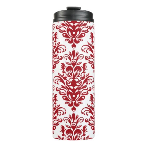 Elegant dark red  and white damask pattern thermal tumbler