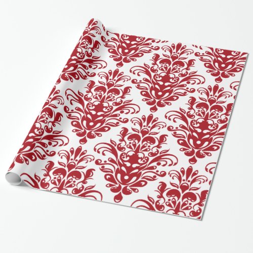 Elegant dark red  and white damask pattern wrapping paper