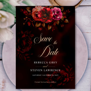 Elegant dark red black flowers Wedding Save The Date