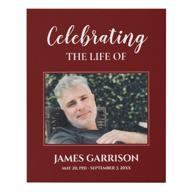 Elegant Dark Red Celebration Of Life Photo Funeral Faux Canvas Print (Front)