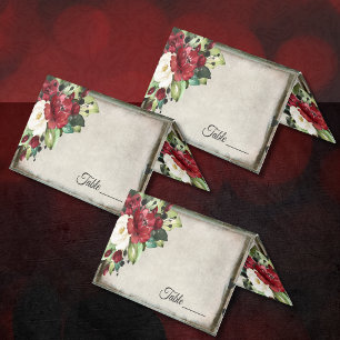 Elegant Dark Red Floral Goth Wedding Placecard