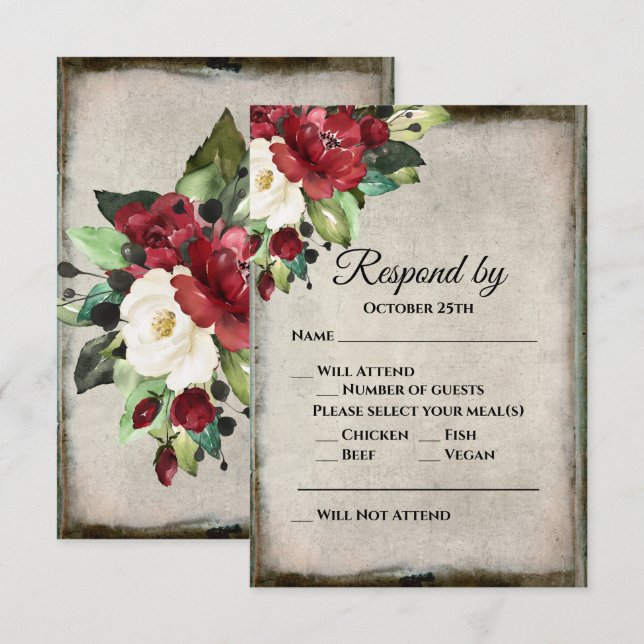 Elegant Dark Red Floral Grunge Grey Goth Wedding RSVP Card (Front/Back)