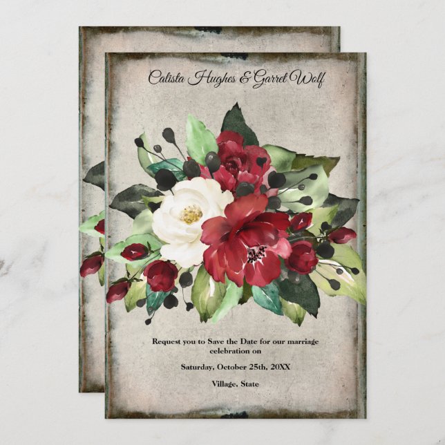 Elegant Dark Red Floral Grunge Grey Goth Wedding Save The Date (Front/Back)