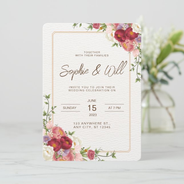 Elegant Dark Red Flower Wedding Invitation (Standing Front)