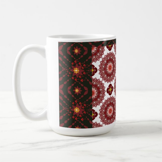 Elegant Dark Red Geometric Pattern Ceramic Mug – A (Left)