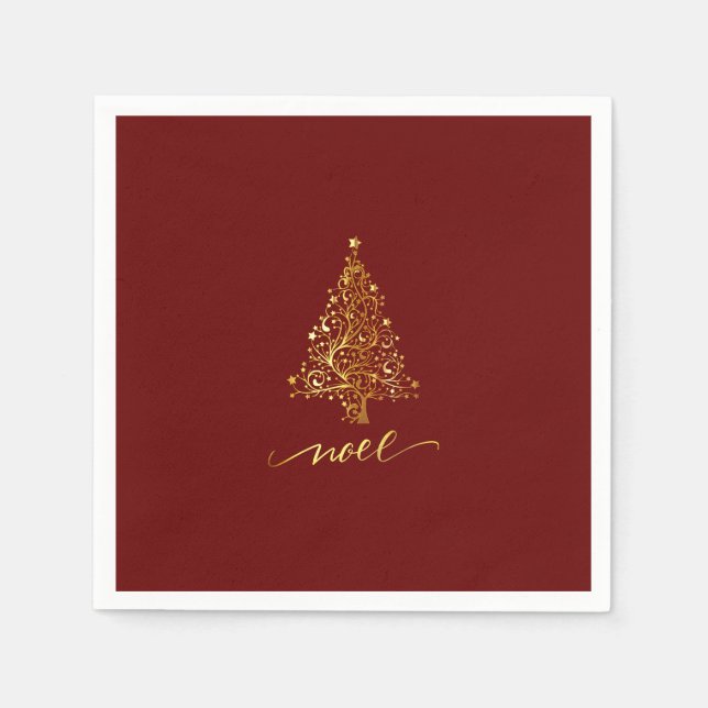 Elegant Dark Red & Gold Christmas Tree Noel Napkins (Front)