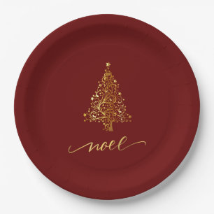 Elegant Dark Red & Gold Christmas Tree Noel Paper Plates