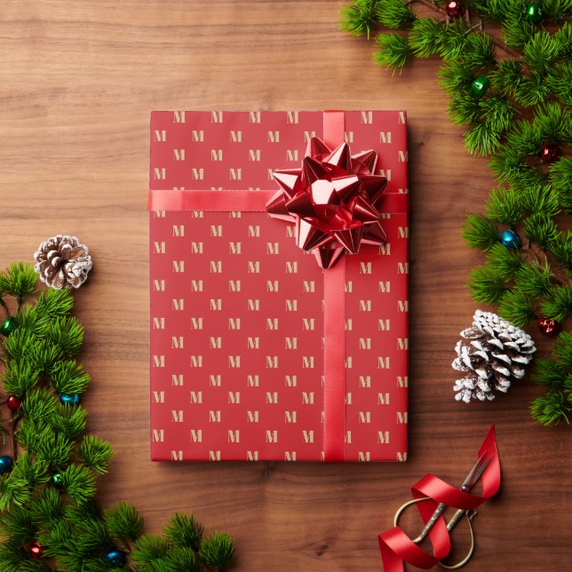 Elegant dark red gold custom monogram initial wrapping paper (Holiday Gift)
