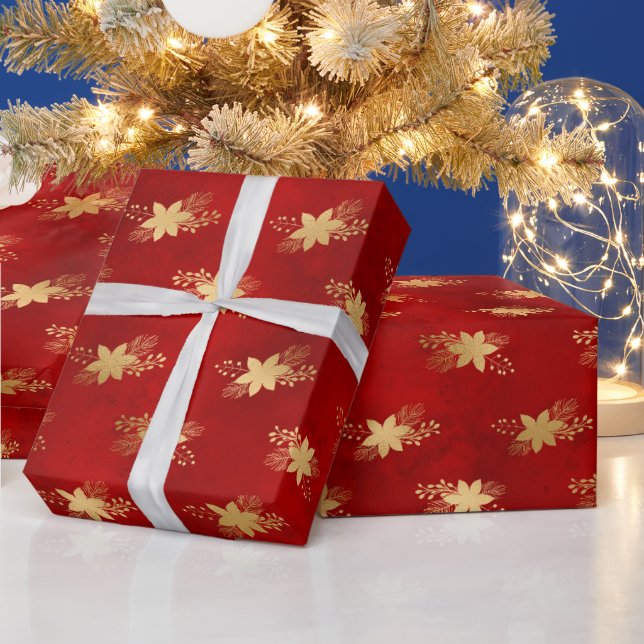 Elegant dark red gold foil poinsettias Christmas Wrapping Paper (Holidays)