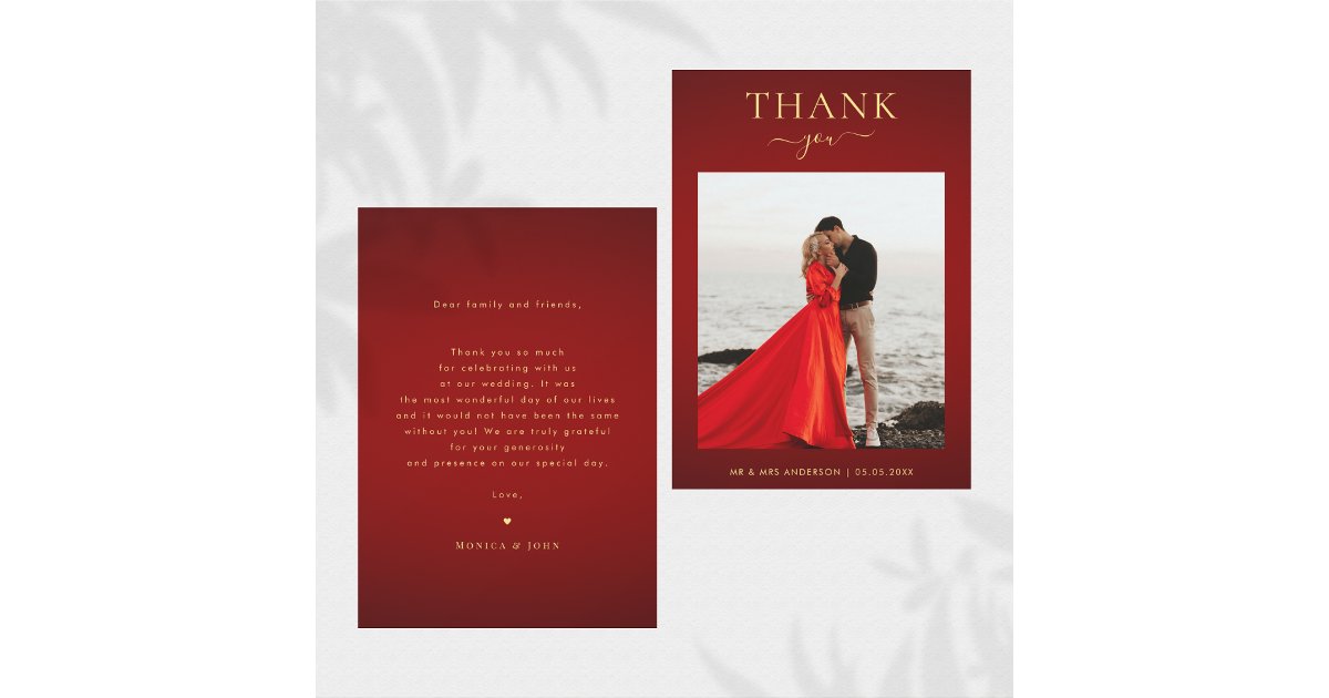 Elegant Dark Red & Gold Minimalist Photo Wedding Thank You Card | Zazzle