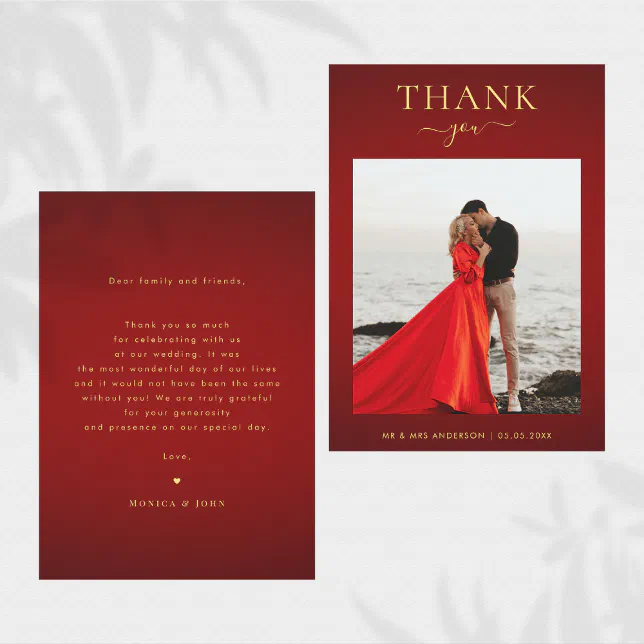 Elegant Dark Red & Gold Minimalist Photo Wedding Thank You Card | Zazzle