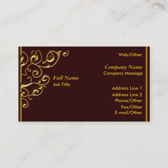 Elegant Dark Red,Gold Swirl Business Card Template (Front)