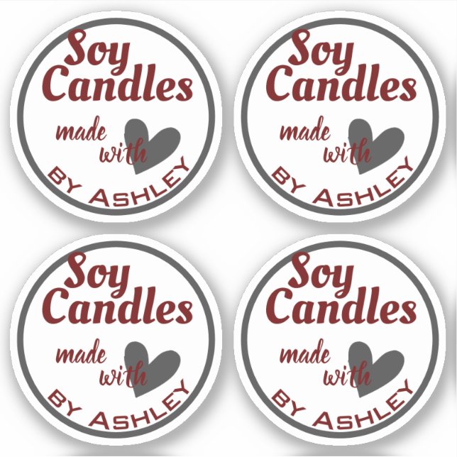 Elegant Dark Red Gray Heart on White Soy Candles Sticker (Front)