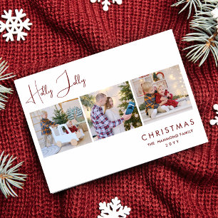 Elegant Dark Red Holly Jolly Quote 3 Multi Photos  Holiday Card